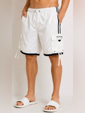 Vintage Bongo Cargo Swim Trunks Men’s Large White Navy Y2K Board Shorts
